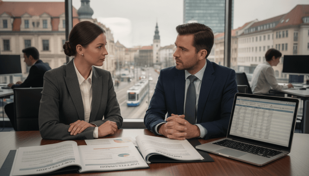 A professional office environment focused on the theme of compensation for an accident in Germany. Foreground: A neatly dressed businesswoman and businessman, engaged in a serious discussion, facing each other across a sleek conference table, with legal documents and a laptop open before them. Middle: A large window behind them shows a view of a bustling German cityscape, perhaps with distinct architecture. Background: Softly blurred silhouettes of other professionals working in cubicles, conveying a busy yet focused atmosphere. The lighting is warm and professional, coming from overhead lights and natural daylight, creating a sense of importance and urgency. The mood is serious and collaborative, emphasizing the analytical nature of determining compensation. A professional office environment focused on the theme of compensation for an accident in Germany. Foreground: A neatly dressed businesswoman and businessman, engaged in a serious discussion, facing each other across a sleek conference table, with legal documents and a laptop open before them. Middle: A large window behind them shows a view of a bustling German cityscape, perhaps with distinct architecture. Background: Softly blurred silhouettes of other professionals working in cubicles, conveying a busy yet focused atmosphere. The lighting is warm and professional, coming from overhead lights and natural daylight, creating a sense of importance and urgency. The mood is serious and collaborative, emphasizing the analytical nature of determining compensation.
