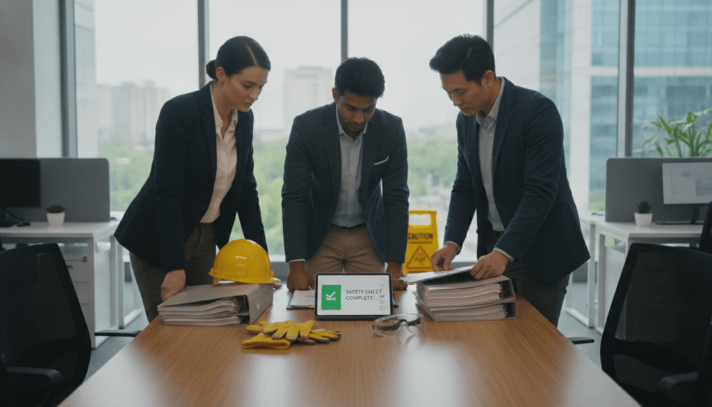 A professional office environment focused on workplace safety. In the foreground, a diverse group of three professionals—one woman and two men—are collaborating around a conference table, reviewing safety protocols and documents. They are dressed in business attire, displaying a sense of diligence and focus. In the middle, safety equipment like helmets, gloves, and warning signs are arranged neatly on the table, symbolizing preparedness. The background features a well-lit office space with a large window allowing natural light to flood the room, creating an optimistic atmosphere. The lens perspective is slightly angled to showcase the teamwork involved in ensuring safety. The overall mood is serious yet constructive, emphasizing the importance of preparation in work scenarios. A professional office environment focused on workplace safety. In the foreground, a diverse group of three professionals—one woman and two men—are collaborating around a conference table, reviewing safety protocols and documents. They are dressed in business attire, displaying a sense of diligence and focus. In the middle, safety equipment like helmets, gloves, and warning signs are arranged neatly on the table, symbolizing preparedness. The background features a well-lit office space with a large window allowing natural light to flood the room, creating an optimistic atmosphere. The lens perspective is slightly angled to showcase the teamwork involved in ensuring safety. The overall mood is serious yet constructive, emphasizing the importance of preparation in work scenarios.