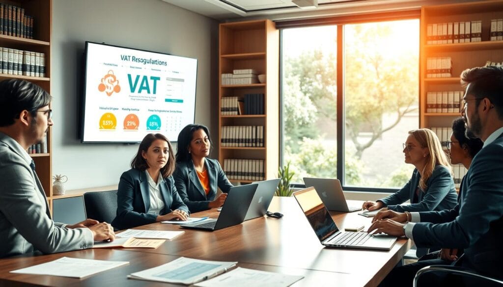 A professional office setting depicting a business meeting focused on VAT regulations. In the foreground, a diverse group of five professionals, dressed in business attire, are engaged in discussion around a conference table with financial documents and laptops open. The middle ground includes a large wall-mounted screen displaying infographics related to VAT obligations. In the background, shelves filled with legal books and a large window allowing natural light to flood the room, creating a warm and inviting atmosphere. The lighting is soft and focused on the table, casting subtle shadows that enhance the professional mood. The scene captures a sense of collaboration and serious inquiry into VAT responsibilities, illustrating a moment of key decision-making. A professional office setting depicting a business meeting focused on VAT regulations. In the foreground, a diverse group of five professionals, dressed in business attire, are engaged in discussion around a conference table with financial documents and laptops open. The middle ground includes a large wall-mounted screen displaying infographics related to VAT obligations. In the background, shelves filled with legal books and a large window allowing natural light to flood the room, creating a warm and inviting atmosphere. The lighting is soft and focused on the table, casting subtle shadows that enhance the professional mood. The scene captures a sense of collaboration and serious inquiry into VAT responsibilities, illustrating a moment of key decision-making.