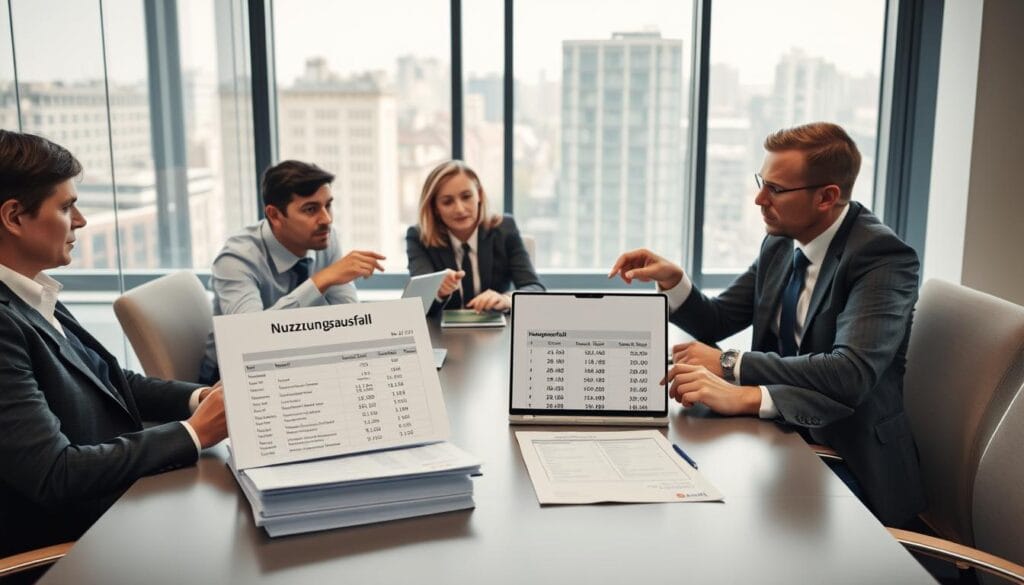 A professional office setting depicting a business meeting focused on vehicle compensation. In the foreground, a diverse group of three individuals, two men and one woman, are seated around a sleek conference table, each dressed in business attire. They appear engaged, pointing at a document labeled "Nutzungsausfall" and discussing it seriously. In the middle, a well-organized stack of papers and a laptop open to a spreadsheet displaying financial figures related to car usage loss. In the background, a large window lets in soft, natural light, illuminating the modern office space with a city view outside. The atmosphere is tense yet hopeful, suggesting the pursuit of insurance claims and compensation. The framing is wide, capturing the collaborative environment without any text or distractions. A professional office setting depicting a business meeting focused on vehicle compensation. In the foreground, a diverse group of three individuals, two men and one woman, are seated around a sleek conference table, each dressed in business attire. They appear engaged, pointing at a document labeled "Nutzungsausfall" and discussing it seriously. In the middle, a well-organized stack of papers and a laptop open to a spreadsheet displaying financial figures related to car usage loss. In the background, a large window lets in soft, natural light, illuminating the modern office space with a city view outside. The atmosphere is tense yet hopeful, suggesting the pursuit of insurance claims and compensation. The framing is wide, capturing the collaborative environment without any text or distractions.