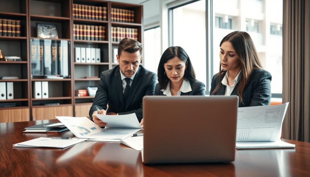 A professional office setting depicting a focused discussion on assessing the value of damages. In the foreground, a diverse group of three business professionals, two men and one woman, dressed in smart business attire, diligently reviewing documents and financial reports on a conference table. The middle layer showcases a laptop with graphs and charts related to damage assessment. In the background, a well-organized bookshelf with legal books and industry reports, softly illuminated by natural light coming through a large window. The atmosphere is serious yet collaborative, emphasizing the importance of accurate documentation and value determination in the process of total loss evaluation. The image captures a sense of professionalism and thoroughness, highlighting key elements of the discussion. A professional office setting depicting a focused discussion on assessing the value of damages. In the foreground, a diverse group of three business professionals, two men and one woman, dressed in smart business attire, diligently reviewing documents and financial reports on a conference table. The middle layer showcases a laptop with graphs and charts related to damage assessment. In the background, a well-organized bookshelf with legal books and industry reports, softly illuminated by natural light coming through a large window. The atmosphere is serious yet collaborative, emphasizing the importance of accurate documentation and value determination in the process of total loss evaluation. The image captures a sense of professionalism and thoroughness, highlighting key elements of the discussion.