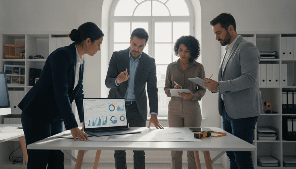 A professional office setting focused on property valuation, featuring a diverse team of four professionals engaged in a discussion. In the foreground, a businesswoman in formal attire analyzes documents on a sleek desk, with a laptop open showcasing charts and graphs. The middle ground includes a man in a suit pointing at an architectural blueprint on the table, while two colleagues, a woman and a man in smart casual clothing, take notes and examine data. The background shows a window with natural light streaming in, illuminating the room filled with property portfolios and valuation tools. The mood is focused and collaborative, with a sense of urgency and professionalism, capturing the importance of diagnostics in accurate property assessment. A professional office setting focused on property valuation, featuring a diverse team of four professionals engaged in a discussion. In the foreground, a businesswoman in formal attire analyzes documents on a sleek desk, with a laptop open showcasing charts and graphs. The middle ground includes a man in a suit pointing at an architectural blueprint on the table, while two colleagues, a woman and a man in smart casual clothing, take notes and examine data. The background shows a window with natural light streaming in, illuminating the room filled with property portfolios and valuation tools. The mood is focused and collaborative, with a sense of urgency and professionalism, capturing the importance of diagnostics in accurate property assessment.