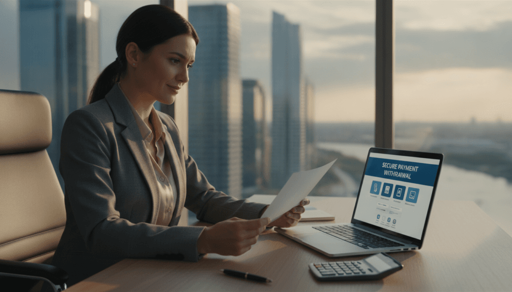 A professional office setting illustrating a secure payment withdrawal procedure. In the foreground, a well-dressed businessperson carefully reviews a financial document, showcasing a confident, focused expression. The middle ground features a desk with a laptop, emphasizing a digital interface displaying payment options, along with a calculator and a pen. In the background, a large window reveals a tranquil cityscape, illuminated by soft afternoon light that casts gentle shadows, enhancing the atmosphere of calm and security. The overall mood is one of professionalism and clarity, highlighting the importance of cautious financial decisions while avoiding pitfalls. A professional office setting illustrating a secure payment withdrawal procedure. In the foreground, a well-dressed businessperson carefully reviews a financial document, showcasing a confident, focused expression. The middle ground features a desk with a laptop, emphasizing a digital interface displaying payment options, along with a calculator and a pen. In the background, a large window reveals a tranquil cityscape, illuminated by soft afternoon light that casts gentle shadows, enhancing the atmosphere of calm and security. The overall mood is one of professionalism and clarity, highlighting the importance of cautious financial decisions while avoiding pitfalls.