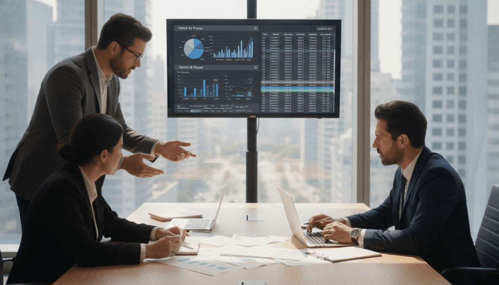 A professional office setting illustrating the analysis of a payout proposal. Foreground: a diverse group of three business professionals, two men and one woman, dressed in smart business attire, engaged in discussion while reviewing documents on a sleek conference table. Middle: a digital display screen showcasing graphs and numerical data about payout options, hinting at a calculation process. Background: a large window displaying a cityscape under a bright day, letting in natural light that creates a warm and focused atmosphere. The scene reflects a sense of seriousness and collaboration, with soft shadows enhancing the details of the workspace, shot from a slightly elevated angle to capture both the professionals’ expressions and the digital elements effectively. A professional office setting illustrating the analysis of a payout proposal. Foreground: a diverse group of three business professionals, two men and one woman, dressed in smart business attire, engaged in discussion while reviewing documents on a sleek conference table. Middle: a digital display screen showcasing graphs and numerical data about payout options, hinting at a calculation process. Background: a large window displaying a cityscape under a bright day, letting in natural light that creates a warm and focused atmosphere. The scene reflects a sense of seriousness and collaboration, with soft shadows enhancing the details of the workspace, shot from a slightly elevated angle to capture both the professionals’ expressions and the digital elements effectively.