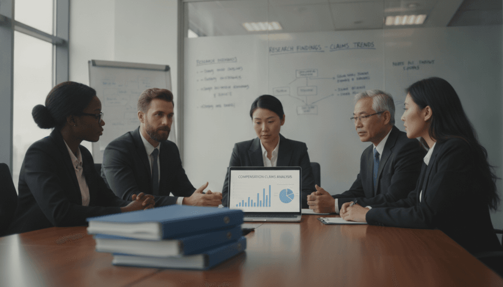 A professional office setting serves as the backdrop, featuring a diverse group of individuals in business attire engaged in a focused discussion around a large conference table. In the foreground, a close-up on a stack of neatly arranged legal documents and a laptop displaying graphs and charts, highlighting the topic of compensation claims. The middle ground captures the expressions of the participants, reflecting a serious yet collaborative atmosphere, with soft lighting enhancing the professionalism of the scene. The background displays a whiteboard filled with charts and notes, symbolizing research findings. The overall mood is one of determination and clarity, with an emphasis on informed decision-making based on thorough analysis.