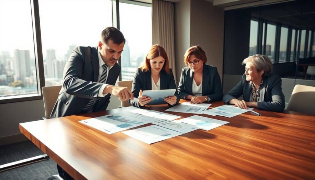 A professional office setting showing a diverse group of business people engaged in a serious discussion around a large wooden conference table. In the foreground, a man in a tailored suit points at financial documents with graphs and charts. In the middle, a woman in smart casual attire leans in, analyzing a tablet screen, while another colleague, a middle-aged woman in a blazer, takes notes. The background features a large window with natural light streaming in, casting a warm glow over the scene. A modern city skyline is visible outside, adding depth to the atmosphere. The mood is focused and collaborative, emphasizing the importance of decision-making in financial matters. Soft shadows enhance the professional ambiance. A professional office setting showing a diverse group of business people engaged in a serious discussion around a large wooden conference table. In the foreground, a man in a tailored suit points at financial documents with graphs and charts. In the middle, a woman in smart casual attire leans in, analyzing a tablet screen, while another colleague, a middle-aged woman in a blazer, takes notes. The background features a large window with natural light streaming in, casting a warm glow over the scene. A modern city skyline is visible outside, adding depth to the atmosphere. The mood is focused and collaborative, emphasizing the importance of decision-making in financial matters. Soft shadows enhance the professional ambiance.
