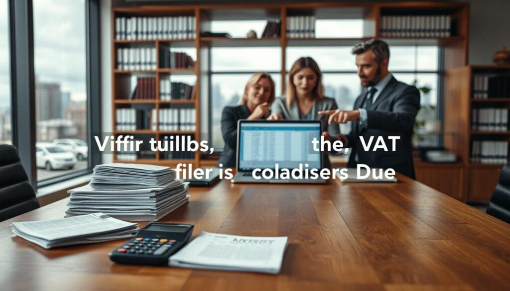 A professional office setting with a large wooden desk in the foreground, featuring neatly stacked papers, a calculator, and a laptop displaying a spreadsheet related to VAT. In the middle, a group of three businesspeople dressed in smart attire—two women and one man—are engaged in discussion, pointing at the laptop screen. Soft focus background shows shelves filled with books and a window revealing a cityscape with gray sky, suggesting an overcast day. The lighting is warm and inviting, casting subtle shadows that create depth. The overall mood is serious and focused, reflecting the theme of taxes and the emergence of VAT obligations, illustrating the concept of "when VAT is considered due." A professional office setting with a large wooden desk in the foreground, featuring neatly stacked papers, a calculator, and a laptop displaying a spreadsheet related to VAT. In the middle, a group of three businesspeople dressed in smart attire—two women and one man—are engaged in discussion, pointing at the laptop screen. Soft focus background shows shelves filled with books and a window revealing a cityscape with gray sky, suggesting an overcast day. The lighting is warm and inviting, casting subtle shadows that create depth. The overall mood is serious and focused, reflecting the theme of taxes and the emergence of VAT obligations, illustrating the concept of "when VAT is considered due."