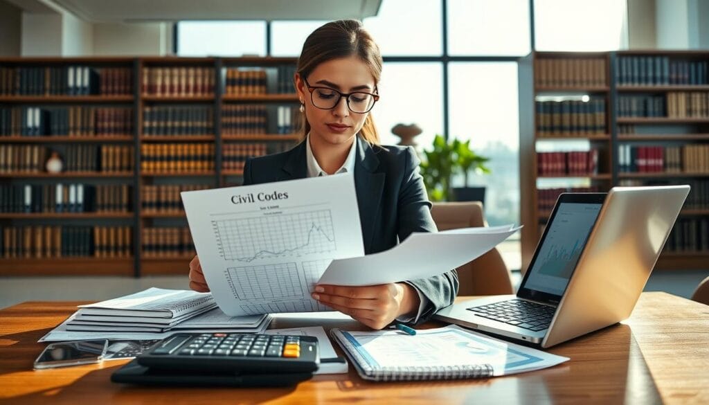 A professional setting depicting a confident businesswoman in a smart business suit, examining legal documents related to the Civil Code. In the foreground, her hands are placed on a desk filled with a calculator, notebooks, and a laptop displaying graphs and charts. In the middle ground, a large bookshelf filled with legal books and binders signifies a wealth of knowledge. The background features a modern office with broad windows letting in natural light, enhancing the atmosphere of focus and determination. Soft shadows create a warm, inviting tone while emphasizing the subject's concentration on accurate calculations. The image conveys a sense of professionalism and diligence, essential for making informed financial decisions.