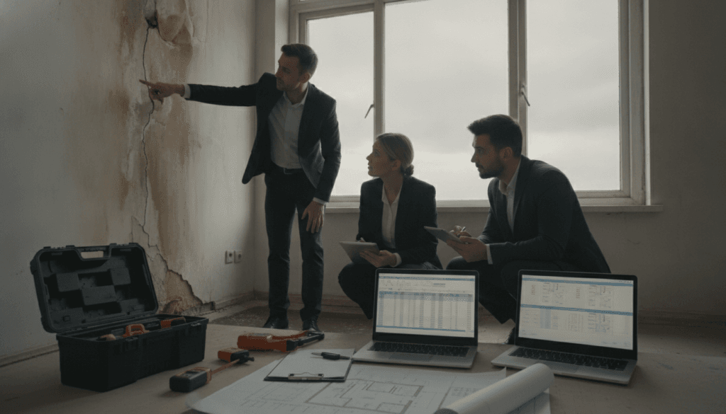 A professional setting depicting a detailed scene of property damage assessments. In the foreground, a focused group of three business professionals, dressed in smart attire, examine a damaged interior, highlighting issues like water damage and cracked walls. The middle ground features technical tools such as measuring tapes, notebooks, and laptops open with graphs and figures related to repair calculations. In the background, a window shows a cloudy sky, casting diffused natural light on the scene, enhancing the somber and serious atmosphere. The angle is slightly elevated, giving a comprehensive view of the assessment process while emphasizing the importance of accurate property valuation. The mood is tense yet focused, illustrating the critical nature of accurate evaluations in property repair markets.