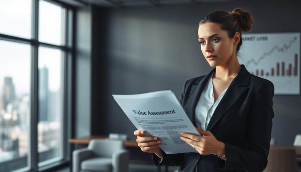 A professional setting depicting the concept of "liability compensation" in the context of insurance. In the foreground, a confident businesswoman in professional attire examines a document titled "Value Assessment" with a thoughtful expression. In the middle ground, a somber office environment features a large window showing a city skyline, symbolizing market loss. A soft, diffused natural light filters through, casting gentle shadows and enhancing the reflective mood. In the background, a blurred image of charts and graphs representing fluctuating values creates a sense of urgency and complexity. The overall atmosphere should feel serious and contemplative, emphasizing the theme of lost value in insurance.