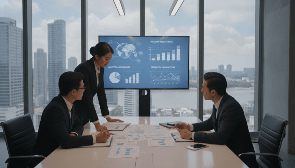 A professional setting illustrating a business consultation. In the foreground, a diverse group of three professionals in business attire, engaged in a discussion over documents and charts laid out on a modern conference table. In the middle ground, a large digital screen displays infographics and statistical data related to industry assessments and technical evaluations. In the background, a sleek office environment with floor-to-ceiling windows letting in natural light, showcasing a city skyline. The overall atmosphere is one of focus and collaboration, with a warm, inviting tone created by soft lighting. The scene captures the essence of cost analysis in various sectors, emphasizing diligence and expertise in assessments.