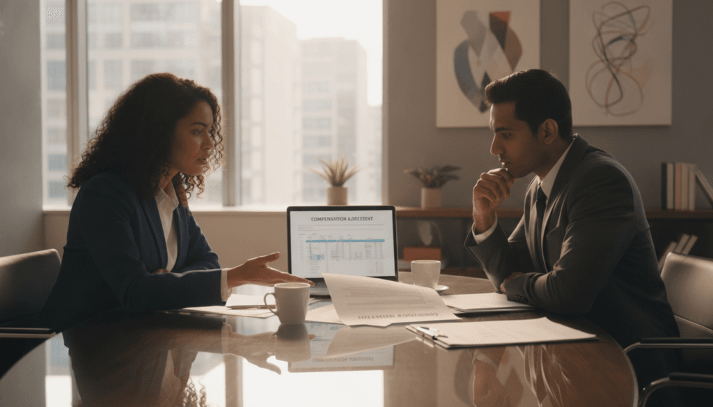 A professional setting showcasing a negotiation scene centered around "compensation agreement" with two individuals in business attire engaged in a serious discussion. In the foreground, a diverse man and woman sit at a sleek conference table, with documents and a laptop opened between them, indicating a collaborative atmosphere. The middle ground features a window with natural light streaming in, casting soft reflections on the table surface. In the background, a modern office space with abstract art on the walls emphasizes a corporate environment. The overall mood is focused and contemplative, highlighting the process of decision-making through visual cues of negotiation and understanding, with a warm yet professional lighting that enhances clarity and engagement.