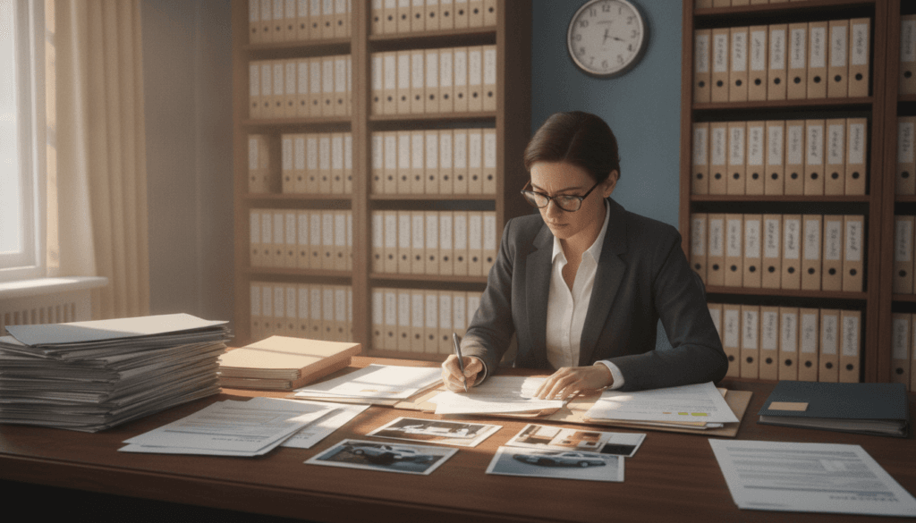 A professional setting showcasing an organized workspace dedicated to documenting insurance claims. In the foreground, a wooden desk cluttered with neatly arranged paperwork, including printed forms and photographs of damages, all illuminated by soft, natural lighting from a nearby window. In the middle, a professional in business attire, focused on reviewing the documents with a pen in hand, conveying a sense of diligence and attention to detail. In the background, shelves filled with folders labeled with various case files, and a wall clock ticking steadily, adding to the atmosphere of urgency and precision. The overall mood is serious yet methodical, emphasizing the importance of gathering thorough documentation for damage analysis. A professional setting showcasing an organized workspace dedicated to documenting insurance claims. In the foreground, a wooden desk cluttered with neatly arranged paperwork, including printed forms and photographs of damages, all illuminated by soft, natural lighting from a nearby window. In the middle, a professional in business attire, focused on reviewing the documents with a pen in hand, conveying a sense of diligence and attention to detail. In the background, shelves filled with folders labeled with various case files, and a wall clock ticking steadily, adding to the atmosphere of urgency and precision. The overall mood is serious yet methodical, emphasizing the importance of gathering thorough documentation for damage analysis.