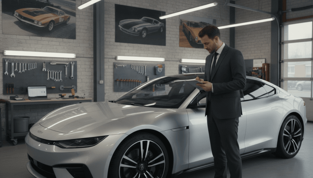 A professional vehicle appraisal scene, showcasing a detailed inspection process. In the foreground, a business-attired appraiser examines a car's bodywork with a clipboard in hand, taking notes on scratches and dents. In the middle, a sleek modern vehicle is parked under bright fluorescent lighting, highlighting its features and any damages clearly. Tools for the appraisal, such as measuring calipers and a laptop, are subtly placed nearby. The background features an organized garage or workshop environment, with walls lined with automotive posters and tools, creating an atmosphere of expertise and professionalism. The lighting is bright and clear, capturing the details accurately, while the overall mood conveys thoroughness and reliability. A professional vehicle appraisal scene, showcasing a detailed inspection process. In the foreground, a business-attired appraiser examines a car's bodywork with a clipboard in hand, taking notes on scratches and dents. In the middle, a sleek modern vehicle is parked under bright fluorescent lighting, highlighting its features and any damages clearly. Tools for the appraisal, such as measuring calipers and a laptop, are subtly placed nearby. The background features an organized garage or workshop environment, with walls lined with automotive posters and tools, creating an atmosphere of expertise and professionalism. The lighting is bright and clear, capturing the details accurately, while the overall mood conveys thoroughness and reliability.