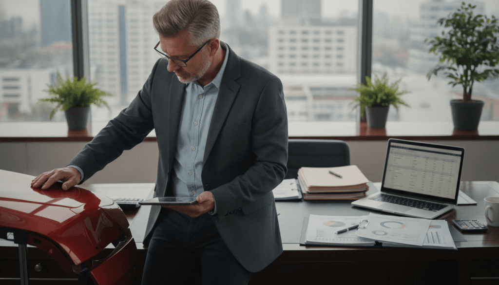 A professional vehicle appraisal specialist analyzing damages on a car in a well-lit office space. In the foreground, the specialist, a middle-aged man dressed in smart business attire, inspects a damaged fender with focused concentration. The middle ground features a wooden desk scattered with reports and a laptop displaying spreadsheets related to vehicle valuations. In the background, a large window lets in soft, natural light that enhances the serene atmosphere of the office, with plants subtly placed for added warmth. The image is captured from a slightly elevated angle to give an overview of the scene, emphasizing the meticulous nature of the valuation process and the importance of brand and model impact on repair estimates. A professional vehicle appraisal specialist analyzing damages on a car in a well-lit office space. In the foreground, the specialist, a middle-aged man dressed in smart business attire, inspects a damaged fender with focused concentration. The middle ground features a wooden desk scattered with reports and a laptop displaying spreadsheets related to vehicle valuations. In the background, a large window lets in soft, natural light that enhances the serene atmosphere of the office, with plants subtly placed for added warmth. The image is captured from a slightly elevated angle to give an overview of the scene, emphasizing the meticulous nature of the valuation process and the importance of brand and model impact on repair estimates.