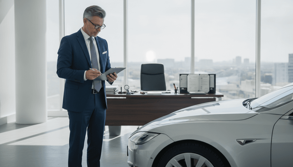 A professional vehicle appraiser conducting an assessment in a well-lit, modern office environment. In the foreground, a middle-aged expert, dressed in a smart business suit, examines a damaged vehicle using a clipboard and digital tablet. The vehicle is positioned on a clean, polished surface. In the middle ground, various tools and documentation are neatly arranged on a desk, emphasizing the meticulous nature of the appraisal process. In the background, large windows allow natural light to brighten the space, creating an inviting atmosphere. The overall mood is one of professionalism and diligence, suggesting thorough expertise in automotive evaluations. The image should convey precise details and clarity, with a focus on the appraisal process within legal and regulatory frameworks. A professional vehicle appraiser conducting an assessment in a well-lit, modern office environment. In the foreground, a middle-aged expert, dressed in a smart business suit, examines a damaged vehicle using a clipboard and digital tablet. The vehicle is positioned on a clean, polished surface. In the middle ground, various tools and documentation are neatly arranged on a desk, emphasizing the meticulous nature of the appraisal process. In the background, large windows allow natural light to brighten the space, creating an inviting atmosphere. The overall mood is one of professionalism and diligence, suggesting thorough expertise in automotive evaluations. The image should convey precise details and clarity, with a focus on the appraisal process within legal and regulatory frameworks.