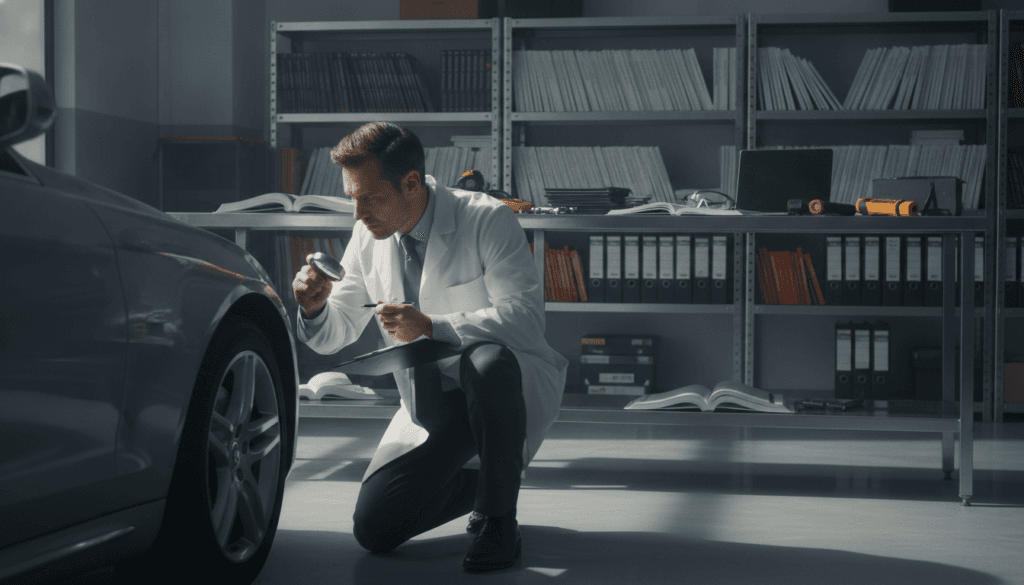 A professional vehicle expert carefully examining a car in a bright, well-lit garage. In the foreground, the expert, dressed in business attire, is kneeling beside a car, using a clipboard and a magnifying glass to inspect the vehicle's condition. The middle ground features various tools and technical documents on a workbench, highlighting the meticulous nature of the expert's work. In the background, shelves are filled with automotive manuals and reference books, creating an atmosphere of professionalism and expertise. Soft, diffused lighting illuminates the scene, casting gentle shadows, while the composition angles slightly from above, giving an overview of the expert's detailed analysis. The mood is serious and focused, emphasizing the importance of choosing the right expert for vehicle evaluation. A professional vehicle expert carefully examining a car in a bright, well-lit garage. In the foreground, the expert, dressed in business attire, is kneeling beside a car, using a clipboard and a magnifying glass to inspect the vehicle's condition. The middle ground features various tools and technical documents on a workbench, highlighting the meticulous nature of the expert's work. In the background, shelves are filled with automotive manuals and reference books, creating an atmosphere of professionalism and expertise. Soft, diffused lighting illuminates the scene, casting gentle shadows, while the composition angles slightly from above, giving an overview of the expert's detailed analysis. The mood is serious and focused, emphasizing the importance of choosing the right expert for vehicle evaluation.