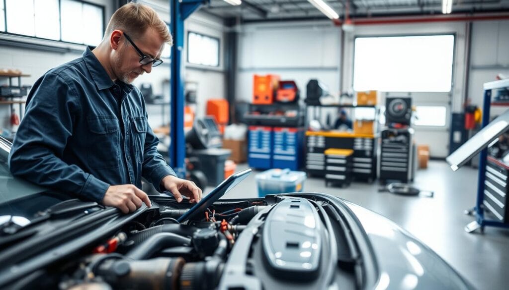 A professional vehicle repair workshop scene focused on a technician assessing a vehicle. In the foreground, a skilled mechanic in a clean, navy blue coverall examines a car's engine with precision tools in hand and a diagnostic tablet on a workbench beside him. The middle layer features various automotive parts and toolboxes, neatly organized, conveying efficiency. In the background, a well-lit garage with large windows casts natural light, illuminating the work area. The atmosphere feels technical and industrious, promoting a sense of professionalism. Use a high-angle perspective to capture the depth of the workshop, with bright, neutral colors dominating the scene to ensure a focused, serious ambiance. A professional vehicle repair workshop scene focused on a technician assessing a vehicle. In the foreground, a skilled mechanic in a clean, navy blue coverall examines a car's engine with precision tools in hand and a diagnostic tablet on a workbench beside him. The middle layer features various automotive parts and toolboxes, neatly organized, conveying efficiency. In the background, a well-lit garage with large windows casts natural light, illuminating the work area. The atmosphere feels technical and industrious, promoting a sense of professionalism. Use a high-angle perspective to capture the depth of the workshop, with bright, neutral colors dominating the scene to ensure a focused, serious ambiance.
