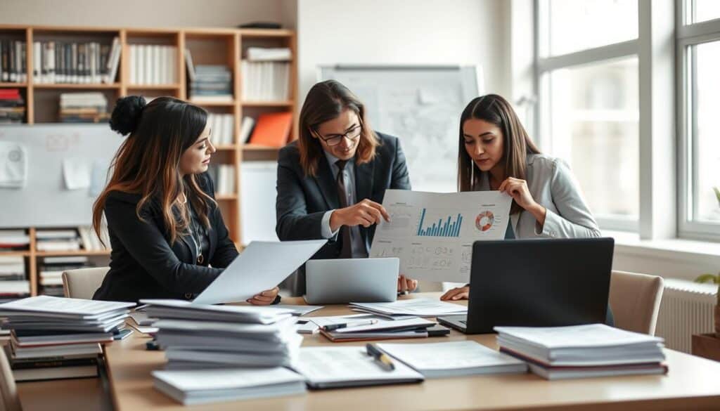 A professional verification process depicted in a modern office setting. In the foreground, a diverse group of three individuals is engaged in discussion around a table, analyzing documents and data on laptops. One person, a woman in business attire, points to a chart, illustrating critical mistakes in verification. The middle ground includes stacks of papers, a whiteboard filled with notes and diagrams, and a large window letting in soft, natural light. The background features shelves lined with books on quality assurance and business strategy. The atmosphere is focused and collaborative, showcasing urgency and professionalism, captured with a shallow depth of field to emphasize the group while softly blurring the background. The image should reflect an engaging and analytical mood, ideal for illustrating common verification pitfalls. A professional verification process depicted in a modern office setting. In the foreground, a diverse group of three individuals is engaged in discussion around a table, analyzing documents and data on laptops. One person, a woman in business attire, points to a chart, illustrating critical mistakes in verification. The middle ground includes stacks of papers, a whiteboard filled with notes and diagrams, and a large window letting in soft, natural light. The background features shelves lined with books on quality assurance and business strategy. The atmosphere is focused and collaborative, showcasing urgency and professionalism, captured with a shallow depth of field to emphasize the group while softly blurring the background. The image should reflect an engaging and analytical mood, ideal for illustrating common verification pitfalls.