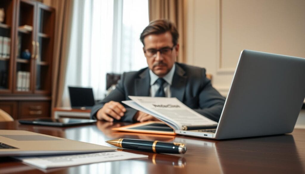 A professional, well-dressed individual stands in an office setting, looking concerned while discussing a denied car replacement claim. In the foreground, a close-up of a handsomely designed, modern desk with documents, a laptop, and an elegant pen, symbolizes the bureaucratic process. In the middle ground, the individual is seated at the desk, with furrowed brows and an open folder displaying rejection letters. The background features a tasteful office environment with soft lighting, hinting at a window with natural daylight filtering in, creating a serious yet hopeful atmosphere. The image should convey the tension of navigating insurance disputes while maintaining a sense of professionalism and clarity. A professional, well-dressed individual stands in an office setting, looking concerned while discussing a denied car replacement claim. In the foreground, a close-up of a handsomely designed, modern desk with documents, a laptop, and an elegant pen, symbolizes the bureaucratic process. In the middle ground, the individual is seated at the desk, with furrowed brows and an open folder displaying rejection letters. The background features a tasteful office environment with soft lighting, hinting at a window with natural daylight filtering in, creating a serious yet hopeful atmosphere. The image should convey the tension of navigating insurance disputes while maintaining a sense of professionalism and clarity.