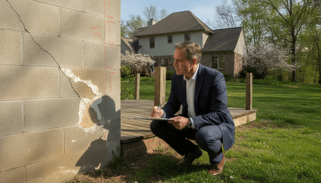 A property appraiser inspecting a residential building, focused on assessing an area of damage. In the foreground, the appraiser, a middle-aged man in a smart business attire, is crouched down examining a wall with a clipboard in hand, taking notes. The middle ground features various aspects of the home exterior, including visible cracks and structural elements that require appraisal. In the background, the house is set against a lush green garden under a clear blue sky, creating a calm, professional atmosphere. The sunlight gently illuminates the scene from the side, casting soft shadows. The image captures a sense of diligence and expertise, emphasizing the appraiser's role in evaluating property conditions thoroughly. A property appraiser inspecting a residential building, focused on assessing an area of damage. In the foreground, the appraiser, a middle-aged man in a smart business attire, is crouched down examining a wall with a clipboard in hand, taking notes. The middle ground features various aspects of the home exterior, including visible cracks and structural elements that require appraisal. In the background, the house is set against a lush green garden under a clear blue sky, creating a calm, professional atmosphere. The sunlight gently illuminates the scene from the side, casting soft shadows. The image captures a sense of diligence and expertise, emphasizing the appraiser's role in evaluating property conditions thoroughly.