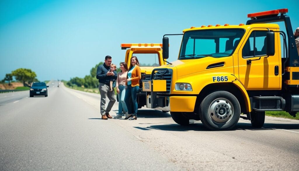 A roadside assistance scene depicting a tow truck, prominently placed in the foreground, ready to assist a stranded vehicle. The tow truck is bright yellow with a clean and professional design. In the middle ground, include a family standing beside their broken-down car, adorned in casual but tidy clothing, showing expressions of relief as they interact with the tow truck driver, who is wearing a uniform. In the background, a calm highway stretches under a clear blue sky, with a few trees lining the roadside. The lighting is bright and natural, suggesting a sunny day, which enhances the hopeful atmosphere of the scene. The composition should emphasize a sense of reliability and support in times of trouble.