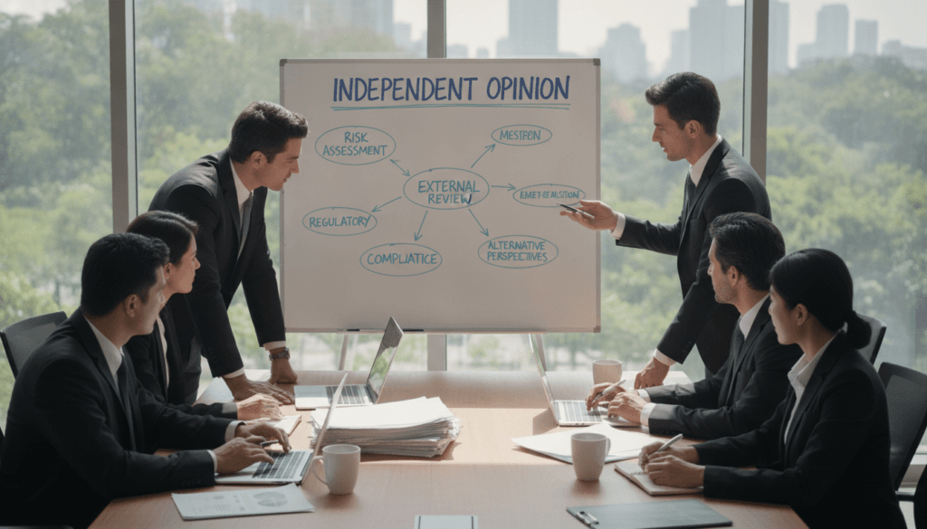 A serene and focused workspace showcasing the process of obtaining an independent opinion. In the foreground, a diverse group of professionals, dressed in smart business attire, intensely discuss ideas around a large table cluttered with documents, laptops, and coffee cups. In the middle, a whiteboard displays mind maps and notes, emphasizing collaboration and critical thinking. The background features a large window allowing natural light to pour in, casting warm shadows across the scene. The atmosphere is one of concentration and innovation, reflecting a moment of insight and exchange of perspectives. The image is captured from a slightly elevated angle to encompass the entire room, enhancing the depth and engagement of the scene. A serene and focused workspace showcasing the process of obtaining an independent opinion. In the foreground, a diverse group of professionals, dressed in smart business attire, intensely discuss ideas around a large table cluttered with documents, laptops, and coffee cups. In the middle, a whiteboard displays mind maps and notes, emphasizing collaboration and critical thinking. The background features a large window allowing natural light to pour in, casting warm shadows across the scene. The atmosphere is one of concentration and innovation, reflecting a moment of insight and exchange of perspectives. The image is captured from a slightly elevated angle to encompass the entire room, enhancing the depth and engagement of the scene.