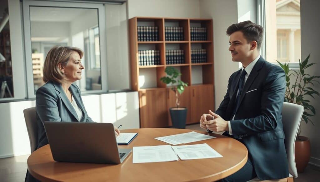 A serene and professional meeting room setting, featuring two business professionals engaged in a constructive dialogue. In the foreground, a middle-aged woman in a smart blazer and a young man in a tailored suit are seated at a round table, actively listening and taking notes. On the table, there’s a laptop and legal documents spread out, symbolizing the negotiation process. The middle layer captures a large window with soft natural light streaming in, illuminating the room and creating a warm atmosphere. In the background, a bookshelf with law books and a potted plant adds a touch of calmness and professionalism. The mood is collaborative and optimistic, focusing on resolution and thoughtful discussion. The angle is slightly elevated to encompass all elements harmoniously. A serene and professional meeting room setting, featuring two business professionals engaged in a constructive dialogue. In the foreground, a middle-aged woman in a smart blazer and a young man in a tailored suit are seated at a round table, actively listening and taking notes. On the table, there’s a laptop and legal documents spread out, symbolizing the negotiation process. The middle layer captures a large window with soft natural light streaming in, illuminating the room and creating a warm atmosphere. In the background, a bookshelf with law books and a potted plant adds a touch of calmness and professionalism. The mood is collaborative and optimistic, focusing on resolution and thoughtful discussion. The angle is slightly elevated to encompass all elements harmoniously.