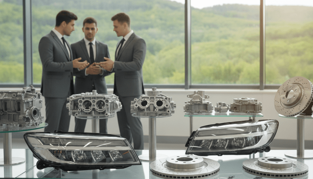 A serene automotive workshop filled with a variety of original car parts displayed prominently in the foreground. These parts are gleaming, showcasing their high-quality and unique designs, such as engine components, headlights, and brake systems. In the middle ground, mechanics in professional business attire are attentively examining the parts and discussing their features, emphasizing the importance of using original parts for sustainability. The background features an environmentally friendly atmosphere with a window revealing a lush green landscape, suggesting the positive environmental impact of using authentic components. Soft, natural light floods the workshop, enhancing the clarity and vibrancy of the parts, while a slight depth of field blurs the background, allowing the viewer to focus on the original components and the engaged mechanics. The overall mood is informative and professional, highlighting sustainability and technological advancement.