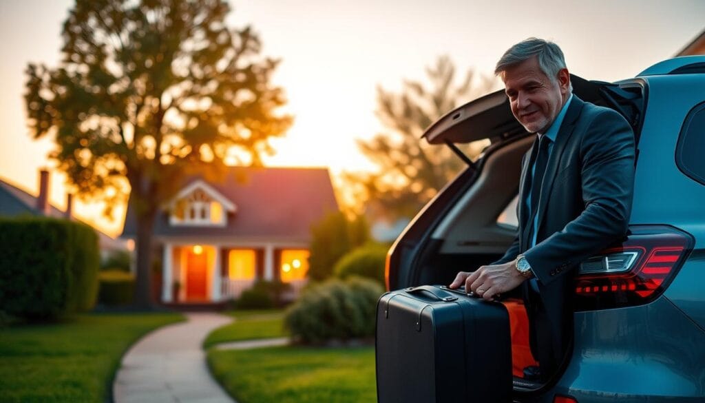 A serene homecoming scene set in a cozy suburban neighborhood at sunset. In the foreground, a middle-aged man in professional business attire is unloading a small suitcase from the back of a parked car, displaying an expression of relief and gratitude. In the middle ground, a charming house with warm lights glowing through the windows represents a sense of safety and comfort. Lush greenery surrounds the house, and a tree with colorful autumn leaves adds depth. The background features a clear sky transitioning from orange to deep blue, suggesting a peaceful evening. The lighting is soft and inviting, creating a warm atmosphere that evokes a sense of closure and welcome after an ordeal. The image conveys a mood of comfort and relief. A serene homecoming scene set in a cozy suburban neighborhood at sunset. In the foreground, a middle-aged man in professional business attire is unloading a small suitcase from the back of a parked car, displaying an expression of relief and gratitude. In the middle ground, a charming house with warm lights glowing through the windows represents a sense of safety and comfort. Lush greenery surrounds the house, and a tree with colorful autumn leaves adds depth. The background features a clear sky transitioning from orange to deep blue, suggesting a peaceful evening. The lighting is soft and inviting, creating a warm atmosphere that evokes a sense of closure and welcome after an ordeal. The image conveys a mood of comfort and relief.