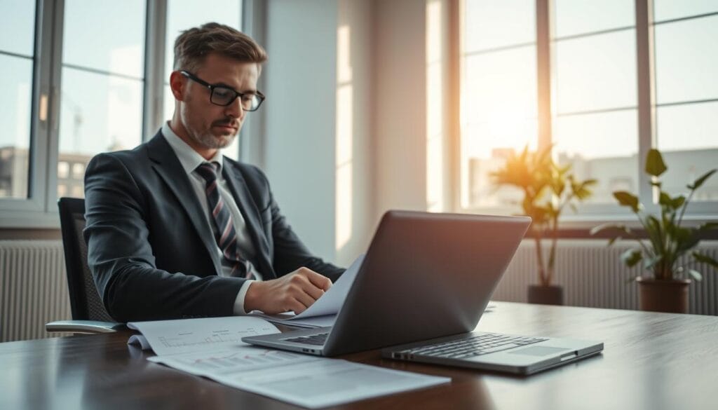 A serene office environment where a professional, dressed in business attire, is seated at a desk, reviewing insurance documents. In the foreground, a laptop displays a financial chart illustrating risk management. The middle layer captures large windows allowing soft, natural light to fill the space, creating a warm, focused atmosphere. In the background, a plant adds a touch of nature, reinforcing a sense of stability and growth. The scene conveys a mood of responsibility and foresight, symbolizing the role of insurance in damage mitigation. Use a slightly elevated angle to capture both the documents and the individual engaged in critical thought, highlighting the importance of careful planning in safeguarding assets. A serene office environment where a professional, dressed in business attire, is seated at a desk, reviewing insurance documents. In the foreground, a laptop displays a financial chart illustrating risk management. The middle layer captures large windows allowing soft, natural light to fill the space, creating a warm, focused atmosphere. In the background, a plant adds a touch of nature, reinforcing a sense of stability and growth. The scene conveys a mood of responsibility and foresight, symbolizing the role of insurance in damage mitigation. Use a slightly elevated angle to capture both the documents and the individual engaged in critical thought, highlighting the importance of careful planning in safeguarding assets.