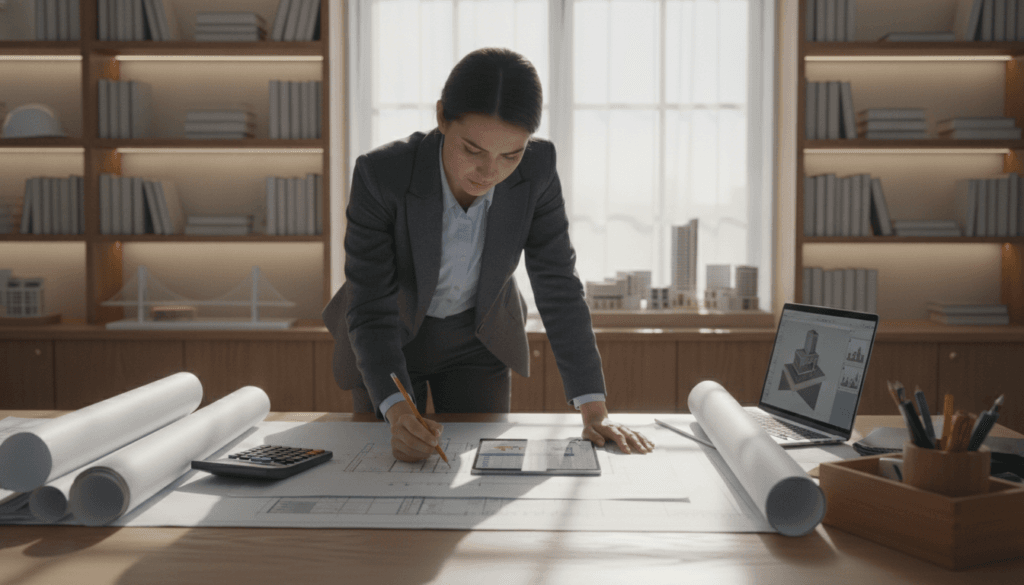 A skilled architect in professional attire examines blueprints and cost estimation documents on a large wooden desk, surrounded by neatly organized tools such as calculators, schematic plans, and a laptop displaying construction software. In the background, a soft-lit office space features shelves filled with design books and architectural models, creating a calm, focused atmosphere. The scene is illuminated by natural light streaming through large windows, casting gentle shadows. The angle captures both the architect’s concentration and the detailed paperwork, emphasizing the meticulous process of creating a reliable cost estimate in engineering. The overall mood conveys professionalism, precision, and dedication to technical accuracy.