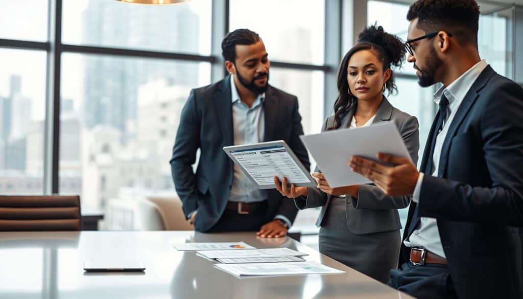 A stylish and modern office environment, showcasing a diverse group of professionals engaged in a discussion about insurance offers. In the foreground, a female insurance advisor in a tailored suit holds a tablet, displaying various insurance plan options, while an attentive male client in smart casual clothing listens intently. The middle ground reveals a sleek conference table with papers and documents neatly arranged, suggesting an analysis of work-related expenses. In the background, large windows let in natural light, creating a warm atmosphere, with cityscape views. The image should evoke a sense of professionalism and collaboration, emphasizing the importance of informed decision-making in insurance choices. Soft, diffused lighting, slightly angled to focus on the table and the people, enhances the mood.