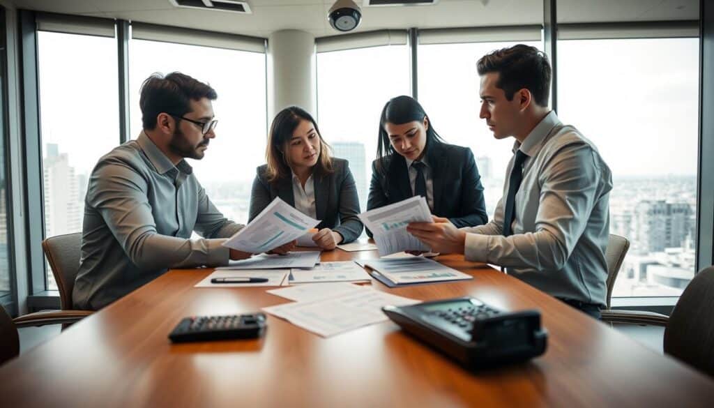 A thoughtful and professional business meeting scene in a modern office environment. In the foreground, a diverse group of three professionals—two men and one woman—are engaged in a serious discussion around a conference table, examining financial reports and repair cost analyses. The middle ground features documents and a calculator scattered on the table, emphasizing the financial aspect of the discussion. In the background, large windows reveal a cityscape, with soft, natural light illuminating the room and creating an air of focus and tension. The mood is serious yet collaborative, showcasing the importance of careful analysis and the implications of unforeseen repair costs. Capture the scene with a wide angle lens to enhance the sense of space and detail. A thoughtful and professional business meeting scene in a modern office environment. In the foreground, a diverse group of three professionals—two men and one woman—are engaged in a serious discussion around a conference table, examining financial reports and repair cost analyses. The middle ground features documents and a calculator scattered on the table, emphasizing the financial aspect of the discussion. In the background, large windows reveal a cityscape, with soft, natural light illuminating the room and creating an air of focus and tension. The mood is serious yet collaborative, showcasing the importance of careful analysis and the implications of unforeseen repair costs. Capture the scene with a wide angle lens to enhance the sense of space and detail.