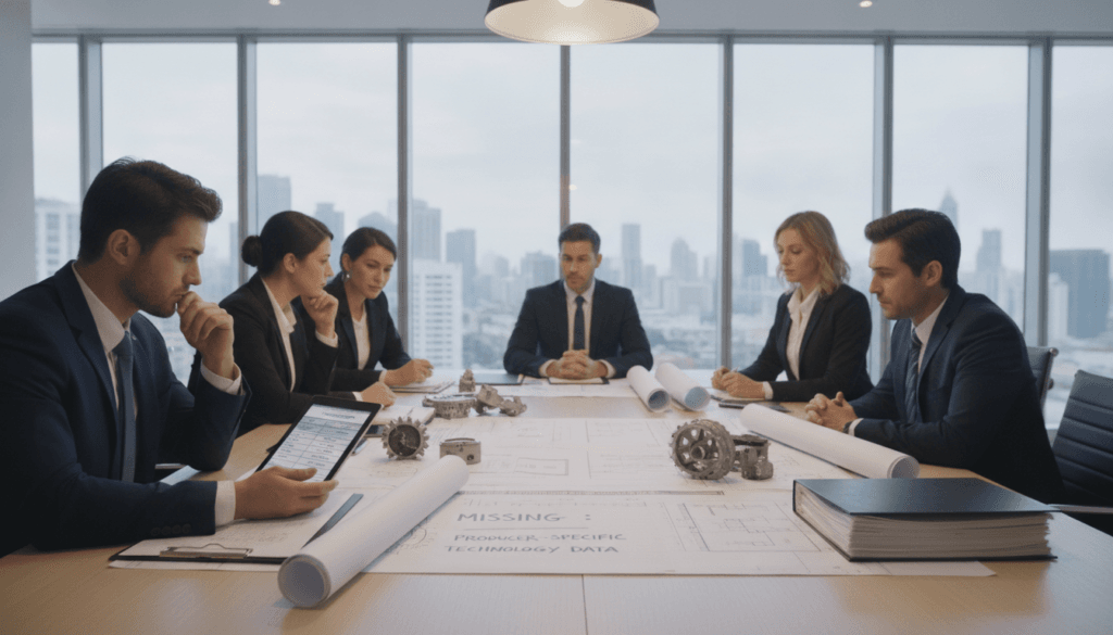 A thoughtful business environment where a team of professionals, dressed in smart attire, is gathered around a large conference table. In the foreground, one individual is analyzing detailed project cost estimates on a tablet, while others look on attentively, their expressions serious and contemplative. The middle section features scattered blueprints and technical drawings representing various repair technologies, emphasizing the lack of specific producer technology in the estimates. The background shows a well-lit modern office with large windows overlooking a cityscape, providing a clear and bright atmosphere. The lighting is soft yet focused, creating a professional and focused mood, accentuating the importance of accurate cost estimation in technical repairs.