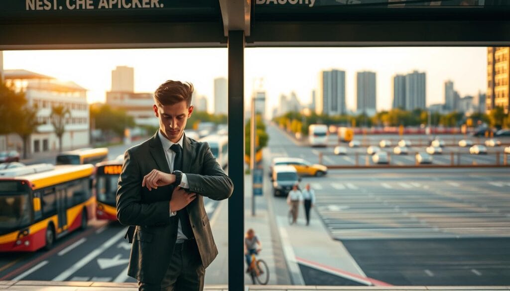 A thoughtful scene depicting the impact of not having a vehicle on daily life. In the foreground, a frustrated young professional in business attire stands at a bus stop, checking their watch, conveying a sense of delay and inconvenience. The middle ground features a busy urban street with public transport vehicles, cyclists, and pedestrians, emphasizing the reliance on alternatives. In the background, a blurred cityscape shows high-rise buildings and a distant parking lot with empty spaces, symbolizing the absence of personal cars. Use warm, natural lighting at sunset to create a mood that blends urgency with realism. Capture the scene from a slightly elevated angle, showcasing the dynamic between the individual and the urban environment. A thoughtful scene depicting the impact of not having a vehicle on daily life. In the foreground, a frustrated young professional in business attire stands at a bus stop, checking their watch, conveying a sense of delay and inconvenience. The middle ground features a busy urban street with public transport vehicles, cyclists, and pedestrians, emphasizing the reliance on alternatives. In the background, a blurred cityscape shows high-rise buildings and a distant parking lot with empty spaces, symbolizing the absence of personal cars. Use warm, natural lighting at sunset to create a mood that blends urgency with realism. Capture the scene from a slightly elevated angle, showcasing the dynamic between the individual and the urban environment.