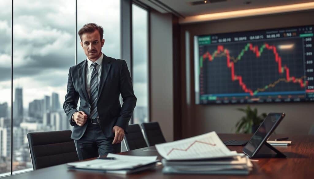 A visual representation of property devaluation in a sleek, modern office environment. In the foreground, a professional business person in formal attire, looking concerned, stands beside a desk cluttered with paperwork and a declining graph on a digital tablet. In the middle ground, a large window reveals a city skyline, hinting at an economic downturn with dark clouds looming over the horizon. The background features a blurred view of a stock market screen displaying downward trends. Soft, diffused lighting enhances the serious mood, casting subtle shadows, while a shallow depth of field focuses on the worried expression of the individual. The overall atmosphere conveys a sense of urgency and the impact of market losses.