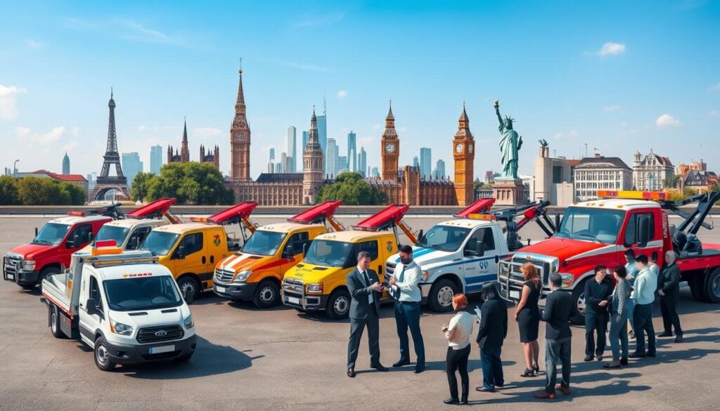 A visually striking illustration of various vehicle towing regulations from different countries. In the foreground, show a diverse group of professionals in business attire, discussing documents related to towing laws. The middle ground features tow trucks of various designs representing different countries, parked side by side, each displaying unique logos and colors corresponding to their nationalities. In the background, create a scenic view of recognizable landmarks from various countries, such as the Eiffel Tower, Big Ben, and the Statue of Liberty, subtly blending into a blue sky. Use natural daylight to emphasize clarity and professionalism, with a slight depth of field effect to focus on the discussion in the foreground while maintaining context. The atmosphere is informative and collaborative, showcasing cooperation in understanding towing regulations.