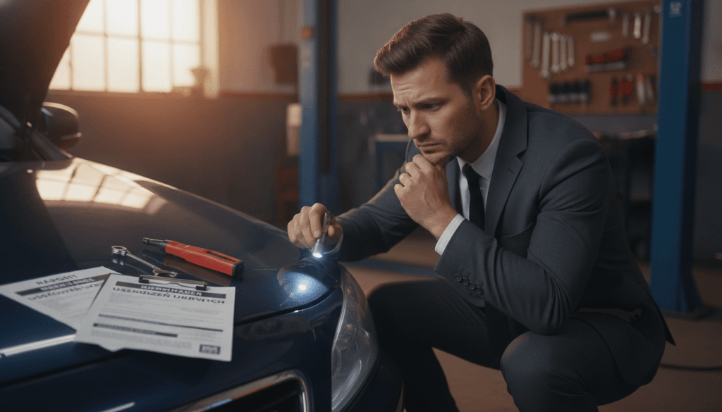 A visually striking image illustrating the concept of "prawa poszkodowanego," focusing on hidden damages in various contexts. In the foreground, show a close-up of a professional examining a damaged vehicle, wearing a tailored suit, with an expression of concern. In the middle ground, include a subtle hint of recent repairs and insurance paperwork scattered about. The background features a garage setting with soft, diffused lighting, enhancing the mood of contemplation and seriousness. Use a shallow depth of field to emphasize the foreground, and opt for a warm color palette to evoke a sense of caution and awareness. The overall atmosphere should reflect the need for vigilance regarding unseen damages, inviting viewers to consider the long-term implications. A visually striking image illustrating the concept of "prawa poszkodowanego," focusing on hidden damages in various contexts. In the foreground, show a close-up of a professional examining a damaged vehicle, wearing a tailored suit, with an expression of concern. In the middle ground, include a subtle hint of recent repairs and insurance paperwork scattered about. The background features a garage setting with soft, diffused lighting, enhancing the mood of contemplation and seriousness. Use a shallow depth of field to emphasize the foreground, and opt for a warm color palette to evoke a sense of caution and awareness. The overall atmosphere should reflect the need for vigilance regarding unseen damages, inviting viewers to consider the long-term implications.