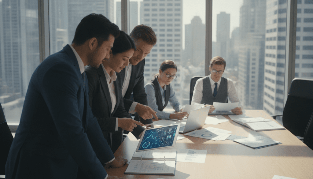 A visually striking scene depicting "transaction confidence" in a professional context. In the foreground, a diverse group of business professionals in business attire examines a digital tablet displaying complex graphs and data, reflecting assessment and collaboration. In the middle ground, a large office conference table with documents and a laptop, symbolizing careful evaluation and verification processes. The background features a large window showcasing a modern cityscape under bright, clear daylight, casting natural light into the room, enhancing a productive atmosphere. The image is captured from a slightly elevated angle to provide a comprehensive view, creating a sense of engagement and focus among the participants, emphasizing trust and professionalism in business transactions. A visually striking scene depicting "transaction confidence" in a professional context. In the foreground, a diverse group of business professionals in business attire examines a digital tablet displaying complex graphs and data, reflecting assessment and collaboration. In the middle ground, a large office conference table with documents and a laptop, symbolizing careful evaluation and verification processes. The background features a large window showcasing a modern cityscape under bright, clear daylight, casting natural light into the room, enhancing a productive atmosphere. The image is captured from a slightly elevated angle to provide a comprehensive view, creating a sense of engagement and focus among the participants, emphasizing trust and professionalism in business transactions.