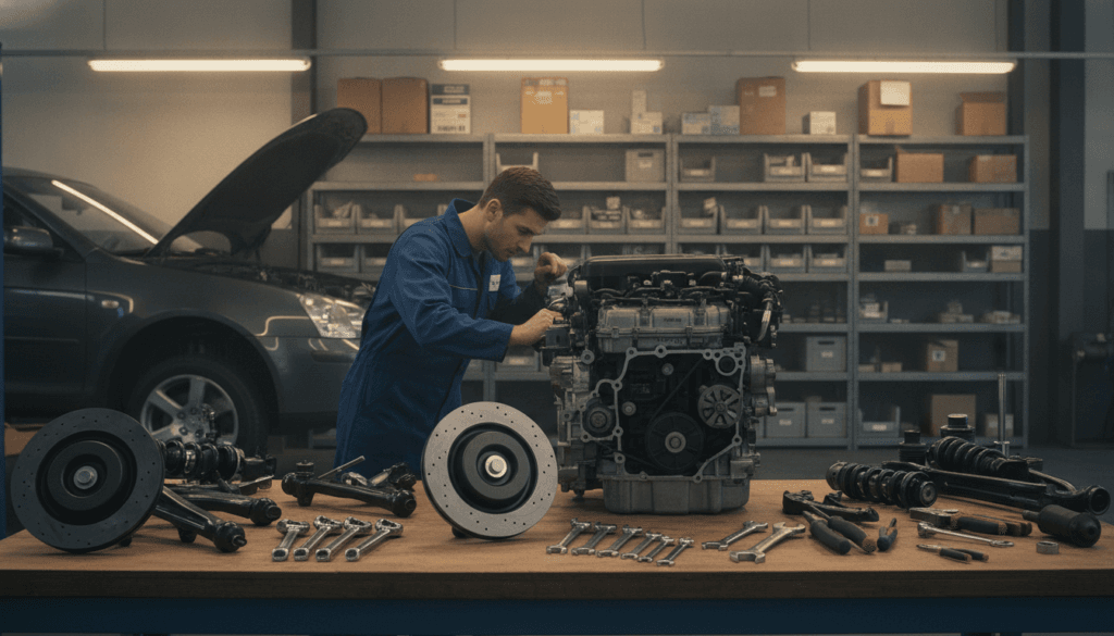 A well-lit automotive repair shop featuring various vehicle parts organized on a sturdy workbench in the foreground. Highlight tools, such as wrenches and screwdrivers, neatly placed beside engine components and suspension parts. In the middle ground, a mechanic in a blue work uniform diligently inspects a car engine on a lift, ensuring quality repairs. The background showcases vibrant shelves filled with additional car parts, logos of well-known brands subtly visible. Soft overhead lighting casts a warm glow, creating an atmosphere of professionalism and focus. The image captures a sense of diligent work, emphasizing the importance of proper vehicle components in repairs, evoking a mood of reliability and expertise.
