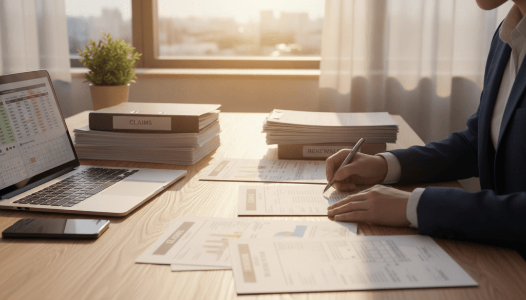 A well-organized insurance documentation workspace, featuring a wooden desk cluttered with neatly arranged papers, including policy documents and forms. In the foreground, a pair of hands in formal business attire are poised over a document with a pen, emphasizing the act of reviewing important paperwork. The middle ground includes a laptop displaying a spreadsheet with financial data, alongside a smartphone showing calendar reminders. In the background, a large window allows natural light to flood the room, illuminating the space with a warm glow and creating a feeling of productivity and professionalism. Soft shadows enhance the textures of the papers and the desk, providing a sense of depth to the image. The overall mood conveys responsibility and diligence, suitable for a client handling their insurance obligations. A well-organized insurance documentation workspace, featuring a wooden desk cluttered with neatly arranged papers, including policy documents and forms. In the foreground, a pair of hands in formal business attire are poised over a document with a pen, emphasizing the act of reviewing important paperwork. The middle ground includes a laptop displaying a spreadsheet with financial data, alongside a smartphone showing calendar reminders. In the background, a large window allows natural light to flood the room, illuminating the space with a warm glow and creating a feeling of productivity and professionalism. Soft shadows enhance the textures of the papers and the desk, providing a sense of depth to the image. The overall mood conveys responsibility and diligence, suitable for a client handling their insurance obligations.