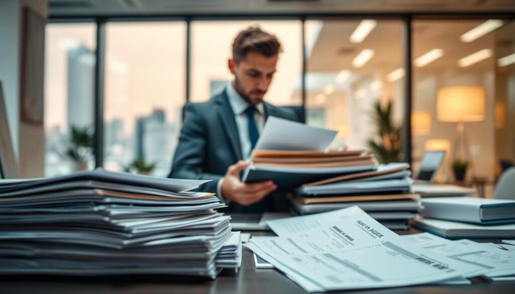 A well-organized office setting in the foreground, featuring a neatly arranged desk with a stack of colorful receipts and invoices, emphasizing the theme of storing financial records correctly. In the middle, a focused individual in professional attire, diligently categorizing receipts into labeled folders, illustrating the importance of systematic organization. The background showcases a modern office space with soft, warm lighting casting a welcoming glow, and a large window revealing a bustling cityscape outside. The mood is productive and meticulous, conveying a sense of professionalism and attention to detail. A shallow depth of field highlights the receipts in the foreground while keeping the individual and background slightly blurred. A well-organized office setting in the foreground, featuring a neatly arranged desk with a stack of colorful receipts and invoices, emphasizing the theme of storing financial records correctly. In the middle, a focused individual in professional attire, diligently categorizing receipts into labeled folders, illustrating the importance of systematic organization. The background showcases a modern office space with soft, warm lighting casting a welcoming glow, and a large window revealing a bustling cityscape outside. The mood is productive and meticulous, conveying a sense of professionalism and attention to detail. A shallow depth of field highlights the receipts in the foreground while keeping the individual and background slightly blurred.