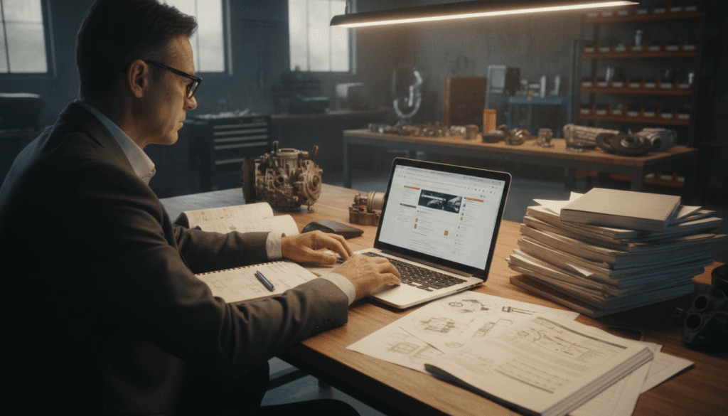 A well-organized workspace featuring a knowledgeable automotive expert, focused on researching reliable sources for vehicle parts. In the foreground, the expert, a middle-aged individual dressed in professional business attire, is examining a laptop displaying various car part websites. The middle ground includes scattered automotive manuals, diagrams, and a notepad filled with notes. The background features a well-lit garage filled with various vehicle parts organized on shelves. Soft, overhead lighting casts a warm glow, creating a professional ambiance. The angle should be slightly elevated, capturing both the expert’s intense concentration and the array of resources around them. The overall atmosphere conveys diligence and trustworthiness in finding reliable auto-replacement options. A well-organized workspace featuring a knowledgeable automotive expert, focused on researching reliable sources for vehicle parts. In the foreground, the expert, a middle-aged individual dressed in professional business attire, is examining a laptop displaying various car part websites. The middle ground includes scattered automotive manuals, diagrams, and a notepad filled with notes. The background features a well-lit garage filled with various vehicle parts organized on shelves. Soft, overhead lighting casts a warm glow, creating a professional ambiance. The angle should be slightly elevated, capturing both the expert’s intense concentration and the array of resources around them. The overall atmosphere conveys diligence and trustworthiness in finding reliable auto-replacement options.