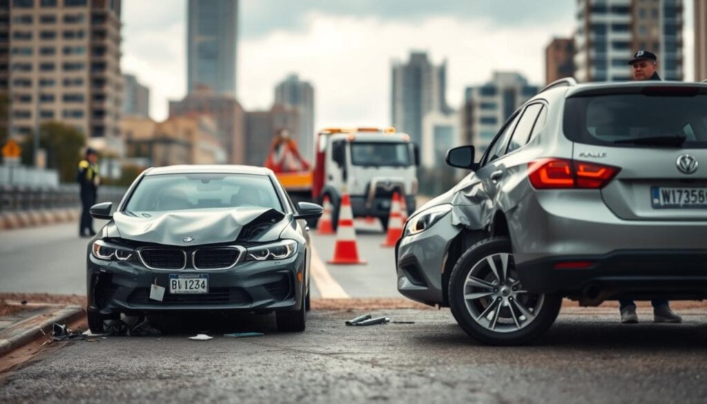 An aftermath scene of a car accident featuring a rental replacement vehicle, positioned prominently in the foreground. The scene captures a slightly damaged car on a roadside, with visible signs of a collision, including crumpled fenders and shattered glass. In the middle ground, a tow truck is working to clear the wreckage, while emergency cones and a police officer in professional attire survey the area. The background features blurred city buildings, suggesting an urban environment with overcast skies casting a somber mood. Utilize soft diffused lighting to enhance the realism, with a shallow depth of field focusing on the replacement vehicle. The atmosphere conveys a sense of urgency while maintaining professional decorum. An aftermath scene of a car accident featuring a rental replacement vehicle, positioned prominently in the foreground. The scene captures a slightly damaged car on a roadside, with visible signs of a collision, including crumpled fenders and shattered glass. In the middle ground, a tow truck is working to clear the wreckage, while emergency cones and a police officer in professional attire survey the area. The background features blurred city buildings, suggesting an urban environment with overcast skies casting a somber mood. Utilize soft diffused lighting to enhance the realism, with a shallow depth of field focusing on the replacement vehicle. The atmosphere conveys a sense of urgency while maintaining professional decorum.