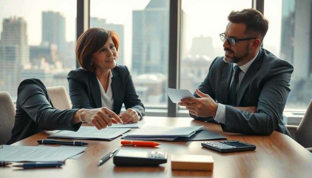 An office meeting scene depicting a professional negotiation, with a diverse group of four people in business attire discussing a legal agreement. In the foreground, a close-up of a table scattered with documents, pens, and a calculator. One person, a middle-aged woman with short hair, is pointing at a document, illustrating the discussion about legal claims and compromises. In the middle, two men, one of them African American and the other Caucasian, are engaged in a serious conversation, highlighting the tension and complexity of their negotiations. In the background, a large window reveals a cityscape bathed in soft, natural light, creating an atmosphere of urgency and focus. The overall mood is professional, emphasizing serious decision-making in a corporate setting.