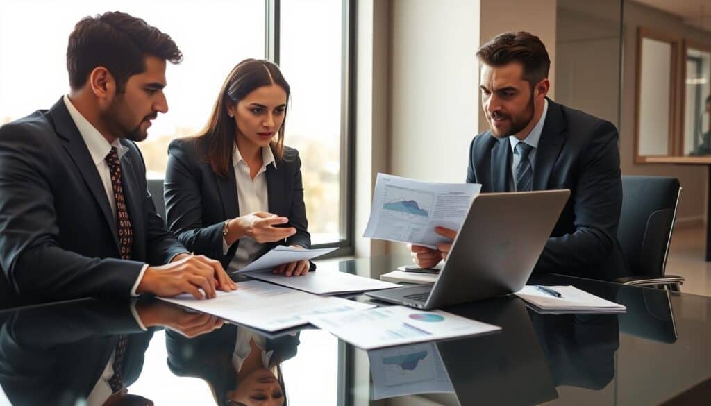 In a modern office setting, a diverse group of three professionals—two men and one woman—engaged in a serious negotiation with an insurance agent. The foreground shows the individuals seated around a sleek glass table, with documents and laptops open in front of them, showcasing graphs and data. The woman, wearing smart business attire, gestures towards a proposal on the table, while one man leans forward, listening intently. The second man, dressed in a suit, takes notes. The background features a large window with soft afternoon sunlight filtering in, casting a warm glow. The mood is tense yet focused, embodying the gravity of negotiating terms and seeking an advantageous agreement. The perspective is slightly angled, highlighting the collaborative atmosphere.
