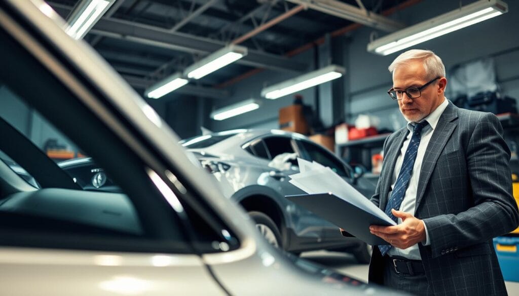 Rzeczoznawca ogląda uszkodzone auto przed sporządzeniem ekspertyzy Rzeczoznawca ogląda uszkodzone auto przed sporządzeniem ekspertyzy